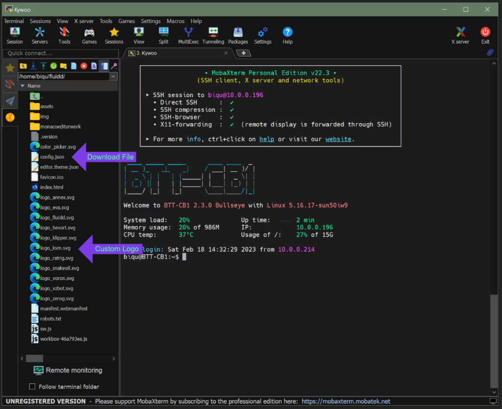 MobaXterm used to upload files to Klipper